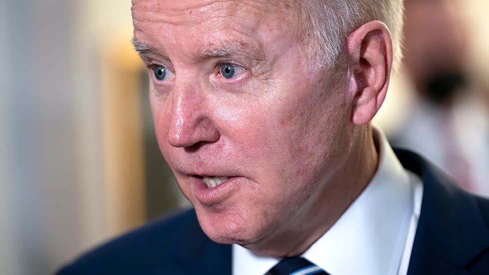 President Biden speaks to reporters after a Democratic caucus luncheon at the Senate Russell Office building to discuss voting rights and filibuster reform on Thursday, January 13, 2022.