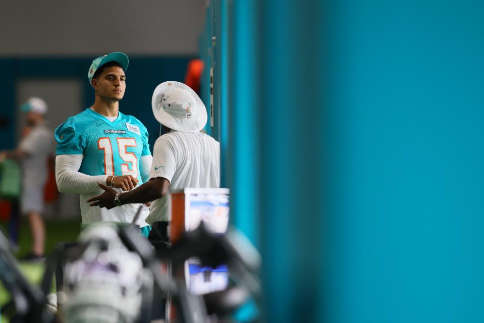 Jul 24, 2024; Miami Gardens, FL, USA; Miami Dolphins linebacker Jaelan Phillips (15) attends training camp at Baptist Health Training Complex. Mandatory Credit: Sam Navarro-USA TODAY Sports