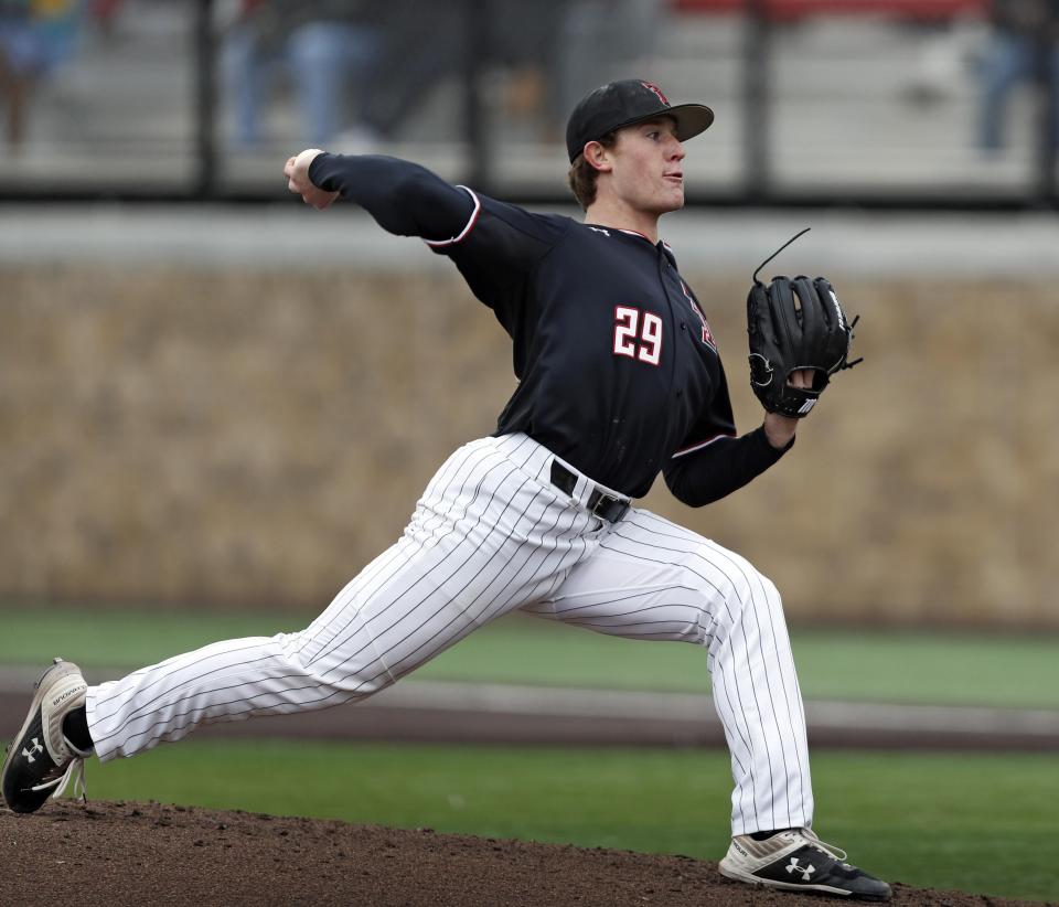 Texas Tech's Clayton Beeter (29) pitches the ball during a season opening  game Feb. 14 against Houston Baptist at Dan Law Field at Rip Griffin Park.