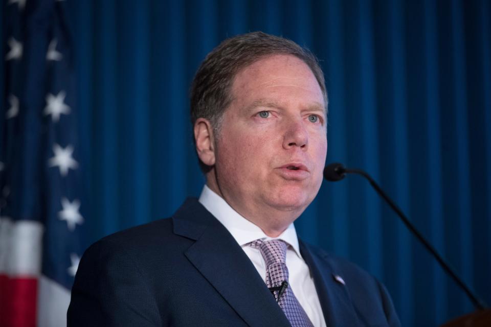 In this April 23, 2019, file photo, Geoffrey Berman, U.S. Attorney for the Southern District of New York, speaks during a news conference in New York.