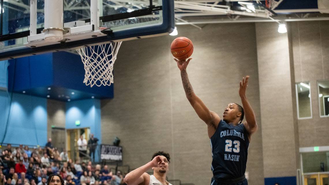 Columbia Basin College’s Latrell Barker shoots during a NWAC semifinals match in 2023. Aiden Whitaker/Special to the Herald