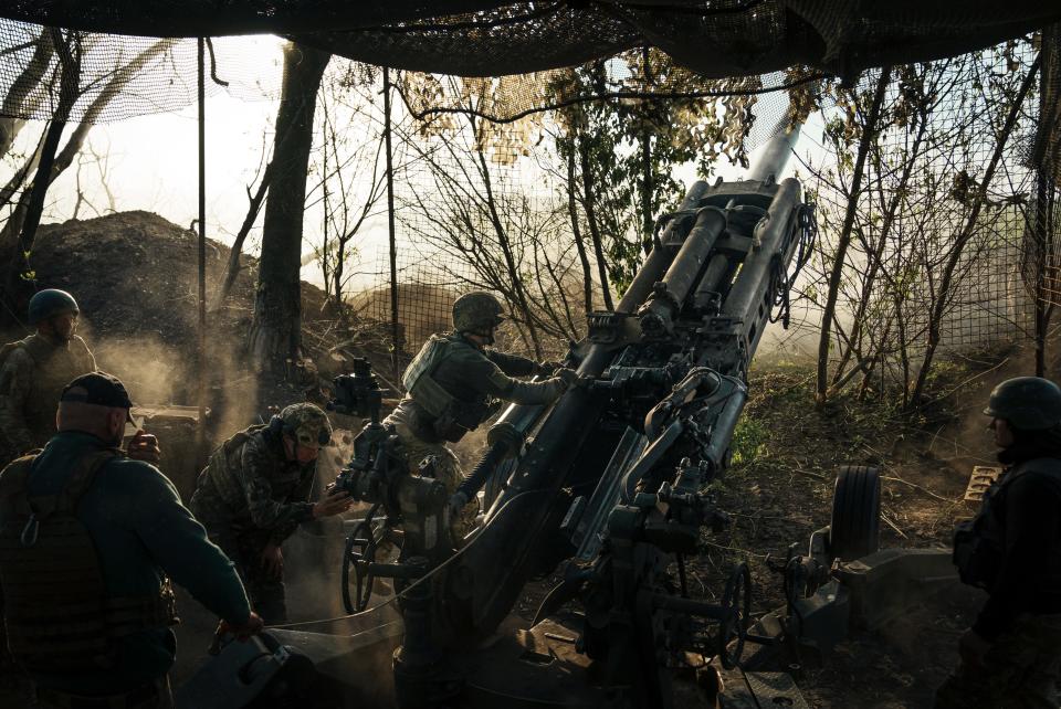 Ukrainian military fire a M777 howitzer on the Bakhmut direction on May 17, 2023 in Donetsk Oblast, Ukraine.