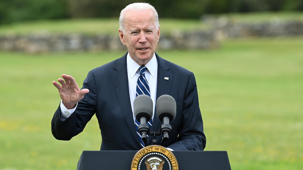 US President Joe Biden delivers a speech on the COVID-19 pandemic, in St Ives, Cornwall on June 10, 2021, ahead of the three-day G7 summit being held from 11-13 June. (Brendan Smialowski/AFP via Getty Images)