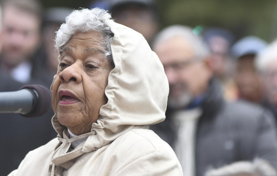 Dr. Bertha Boykins Todd speaks during a dedication ceremony for a new North Carolina highway historical marker to the 1898 Wilmington Coup in Wilmington, N.C., Friday, Nov. 8, 2019. The marker stands outside the Wilmington Light Infantry building, the location where in 1898, white Democrats violently overthrew the fusion government of legitimately elected blacks and white Republicans in Wilmington. (Matt Born/The Star-News via AP)