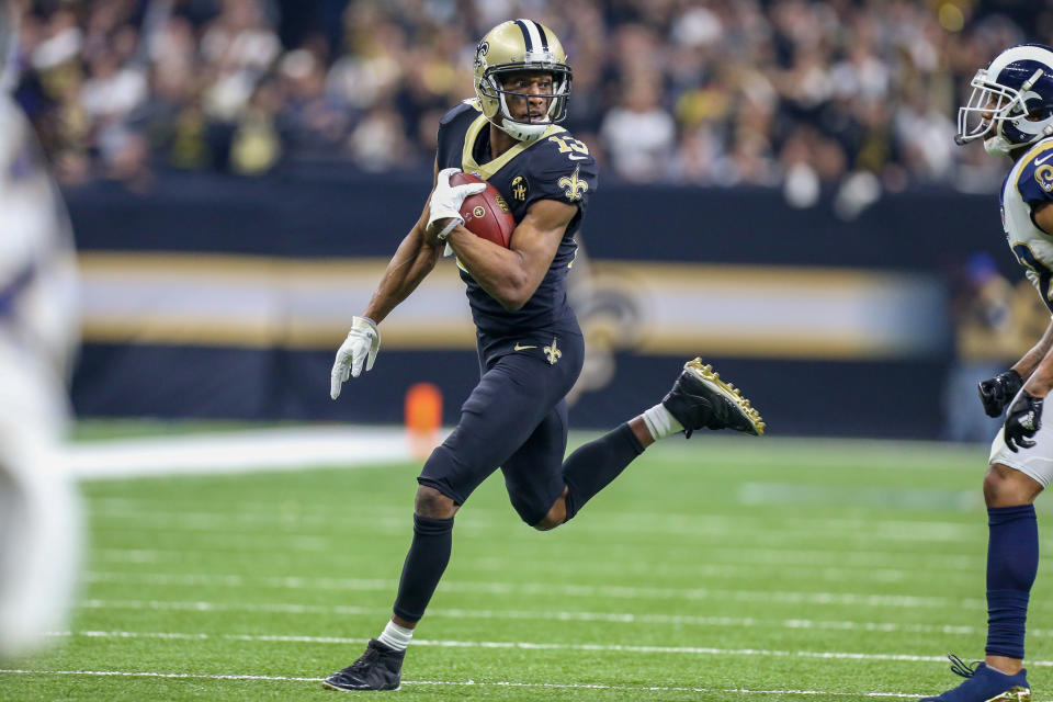 NEW ORLEANS, LA - JANUARY 20: New Orleans Saints wide receiver Michael Thomas (13) catches the ball and turns up field for a gain during the NFC Championship Football game between the Los Angeles Rams and the New Orleans Saints on January 20, 2019 at the Mercedes-Benz Superdome in New Orleans, LA. (Photo by Jordon Kelly/Icon Sportswire via Getty Images)