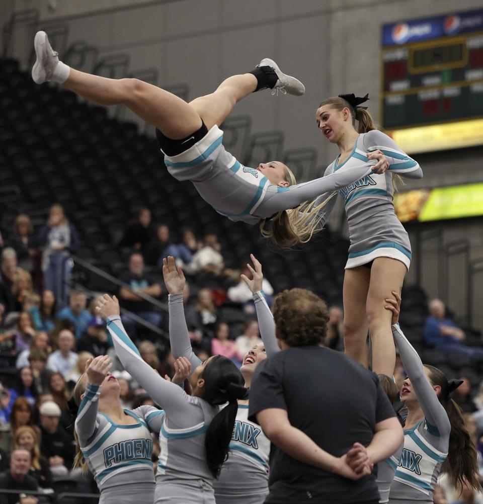 Farmington High School competes in the 6A Competitive Cheer Tournament at the UCCU Center at Utah Valley University in Orem on Thursday, Jan. 25, 2023. | Laura Seitz, Deseret News