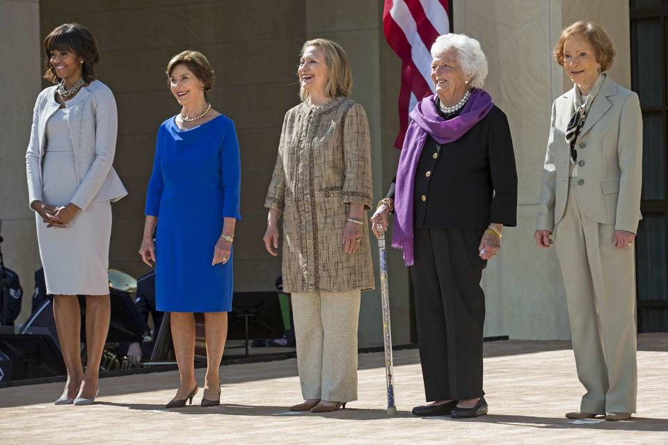 <p>Once a first lady, always a first lady. Rosalynn smiles here with Michelle Obama, Laura Bush, Hillary Clinton, Barbara Bush and Rosalynn Carter at the dedication for the George W. Bush Presidential Center in Dallas in 2008.</p>