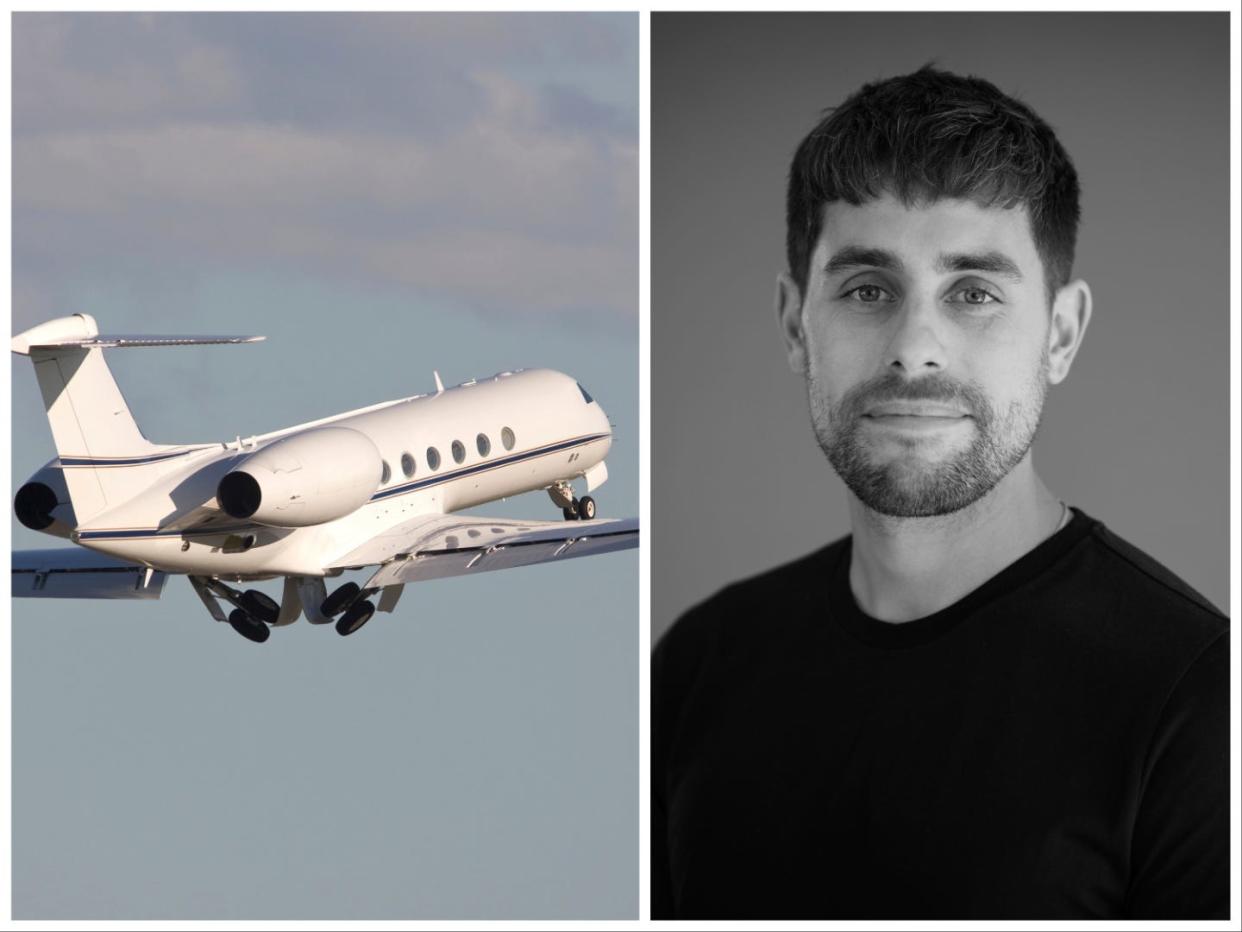 Gulfstream Twin Engined Business Jet Climbing into the sky after takeoff and Dan Cook wearing a black shirt.