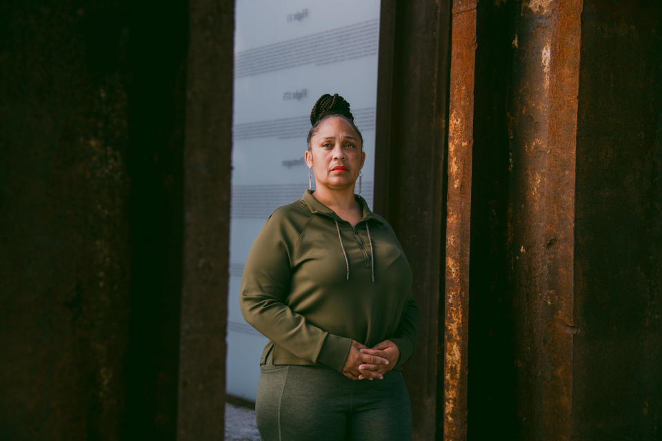 Yolanda Owens on land that was seized from her great-great-great-grandfather. The property is now a Sept. 11 memorial in downtown Napa, Calif., in May. (Marissa Leshnov for NBC News)