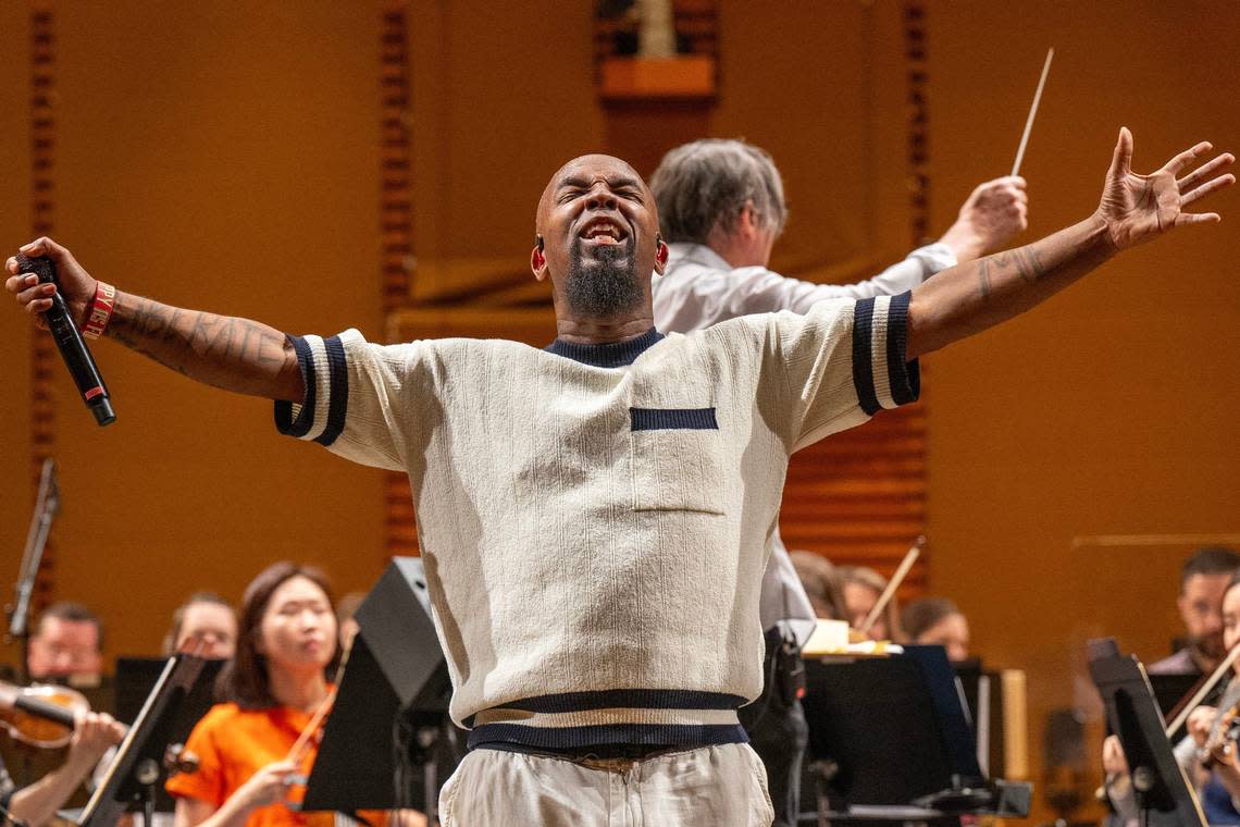 Kansas City hip-hop artist Tech N9ne rehearses with the Kansas City Symphony while at the Kauffman Center for the Performing Arts on Wednesday, April 24, 2024. Tech N9ne will perform with the symphony on Saturday at the Midland Theatre. Emily Curiel/ecuriel@kcstar.com