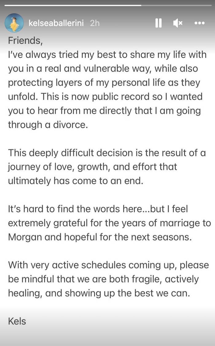 A screenshot of Kelsea's Instagram story, which announces the divorce and asks people to be aware of how fragile she and her ex are right now