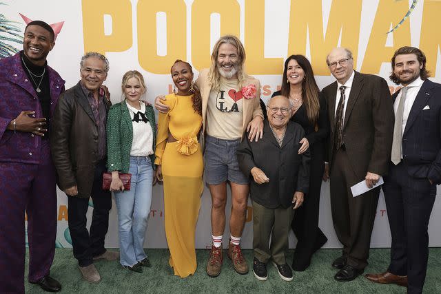 <p>Todd Williamson/JanuaryImages/Shutterstock </p> From left: Armie Hicks Jr., John Ortiz, Jennifer Jason Leigh, DeWanda Wise, Chris Pine, Danny DeVito, Patty Jenkins, Stephen Tobolowsky and Hollis W. Chambers at L.A. premiere of Pine's movie "Poolman" on April 24, 2024