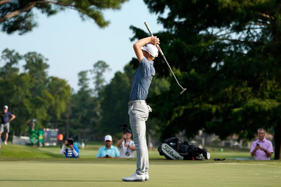 Will Zalatoris celebrates after defeating Sepp Straka, of Austria, in a playoff in the final round of the St Jude Championship in Memphis, Tennessee (Mark Humphrey/AP) (AP)