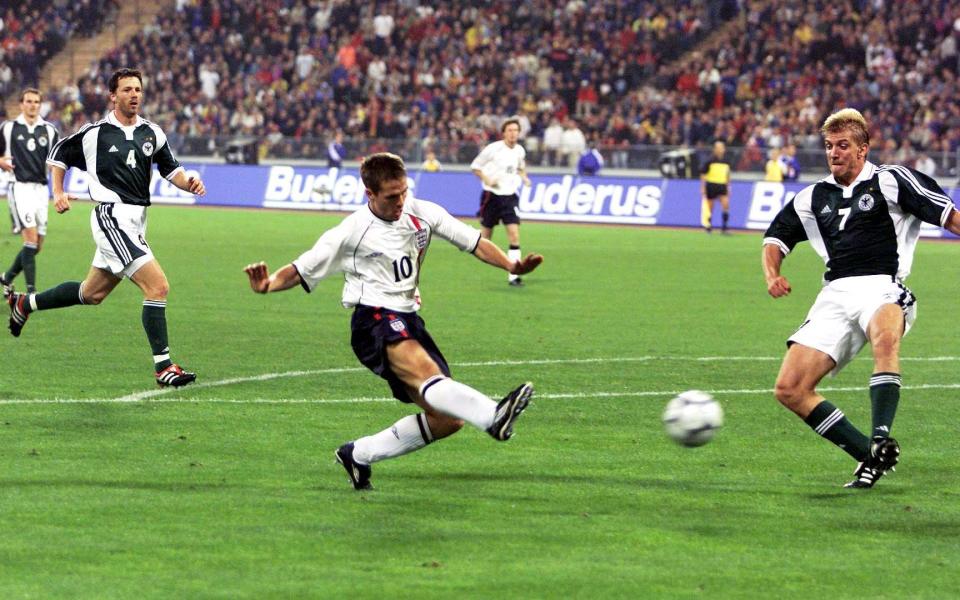 Michael Owen completes his hat-trick as England run riot in Munch back in 2001 - PA