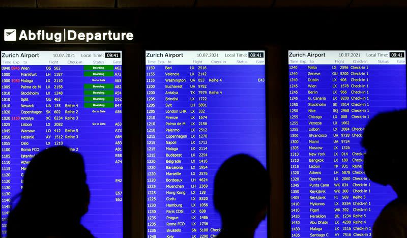 FILE PHOTO: Flight departures are displayed at Zurich Airport