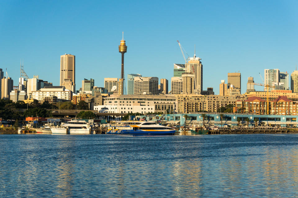 Sydney CBD city view of Sydney fish market and Central Business District as viewed from Blackwattle Bay. Office and residential skyscraper buildings of Sydney, NSW, Australia