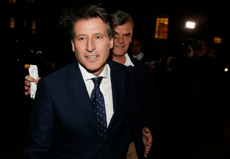 Sebastian Coe (L), head of the International Association of Athletics Federation (IAAF) arrives for a meeting in central London on November 9, 2015