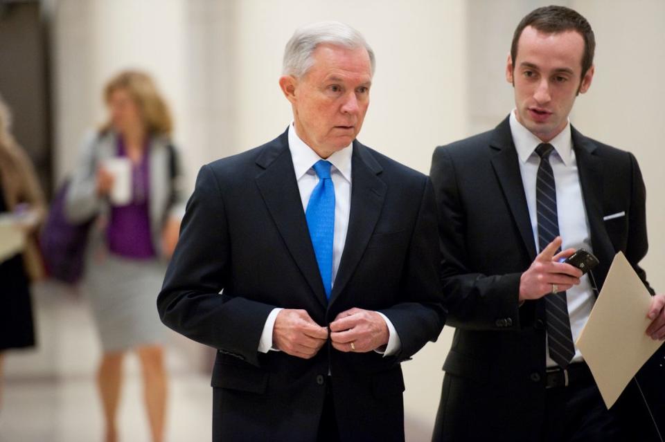 Sen. Jeff Sessions, R-Ala., and his aide Stephen Miller, in 2011. Miller and Sessions would go on to become senior adviser and attorney general, respectively, to President Trump.