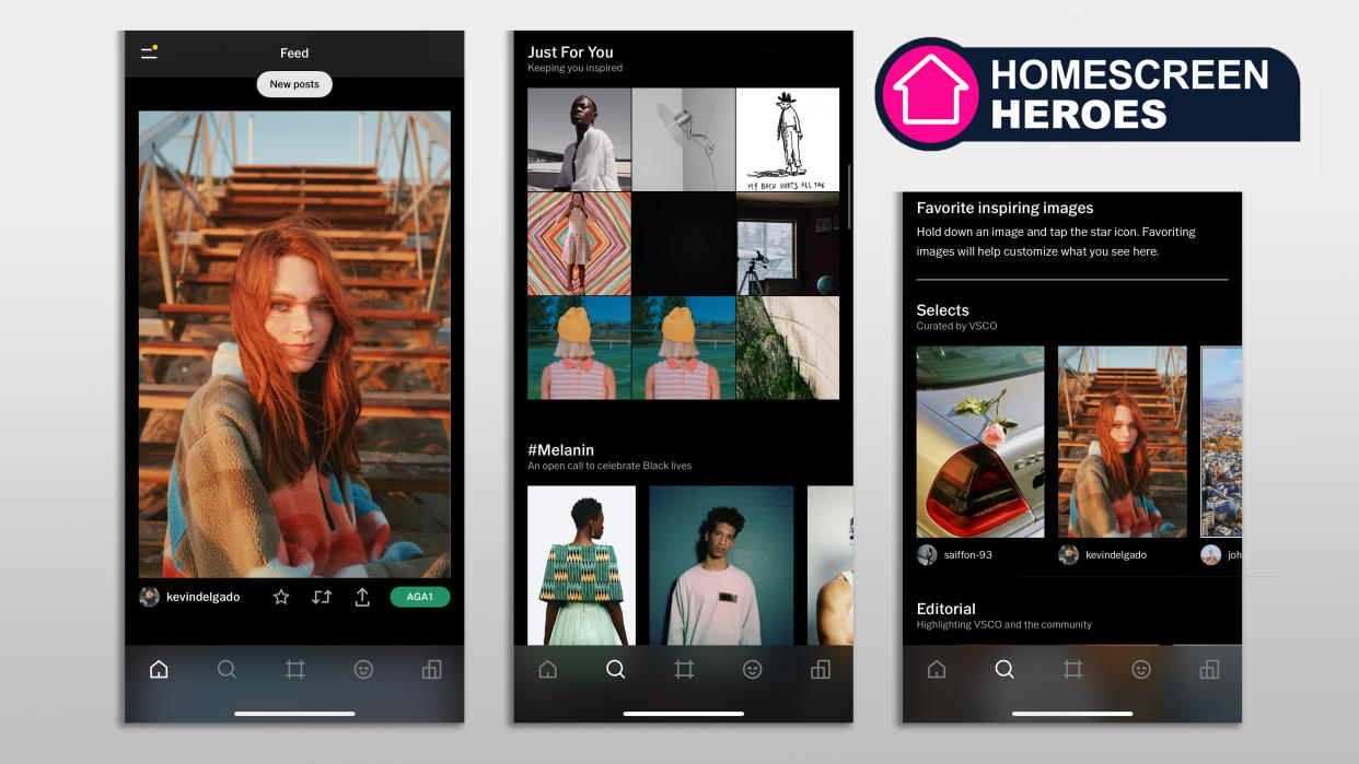  Three screenshots from the VSCO iOS app. 