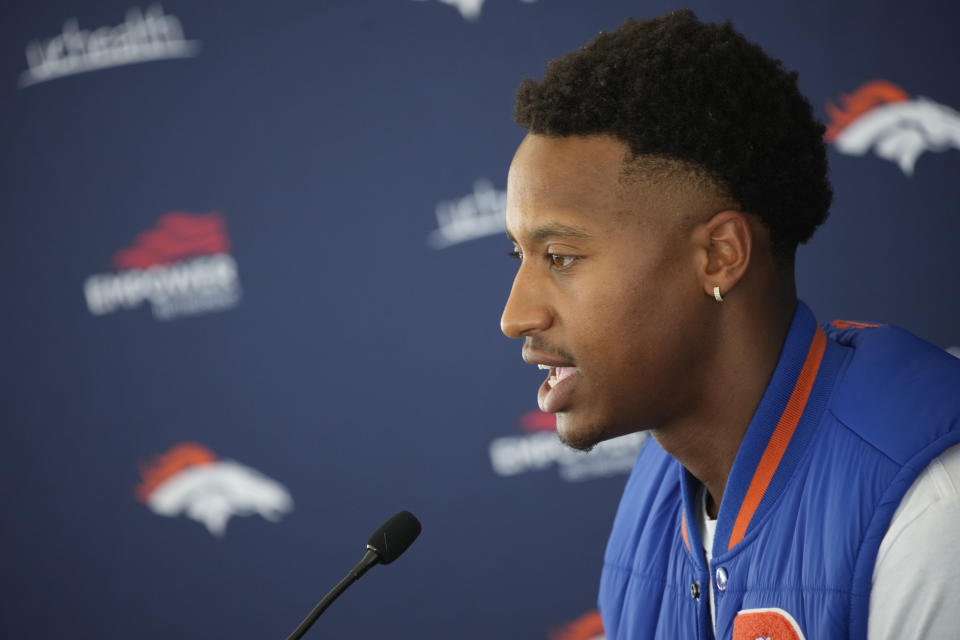 Denver Broncos wide receiver Courtland Sutton speaks during a news conference Tuesday, July 27, 2021, in Englewood, Colo., before the NFL football team's training camp. (AP Photo/David Zalubowski)