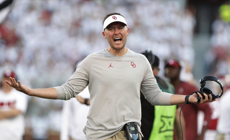 Oklahoma head coach Lincoln Riley after play against Houston during the first half of an NCAA college football game in Norman, Okla., Sunday, Sept. 1, 2019. (AP Photo/Alonzo Adams)