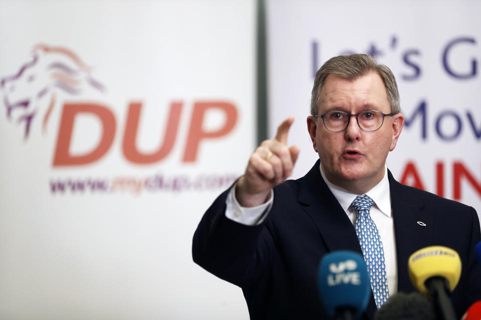 FILE - Democratic Unionist Party (DUP) leader Jeffrey Donaldson speaks to the media during a press conference at Hinch Distillery, Temple, Northern Ireland, Tuesday, Jan. 30, 2024. The leader of Northern Ireland’s largest unionist party has stepped down after being charged with allegations of a historic nature, the party said in a statement on Friday, March 29, 2024. (AP Photo/Peter Morrison, File)