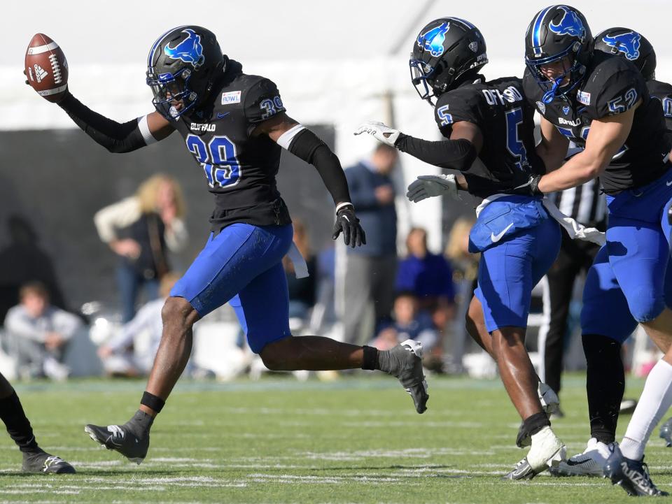 Buffalo safety Dylan Powell (39) celebrates an interception against Georgia Southern during the the Camellia Bowl. (Mickey Welsh/The Montgomery Advertiser via AP)