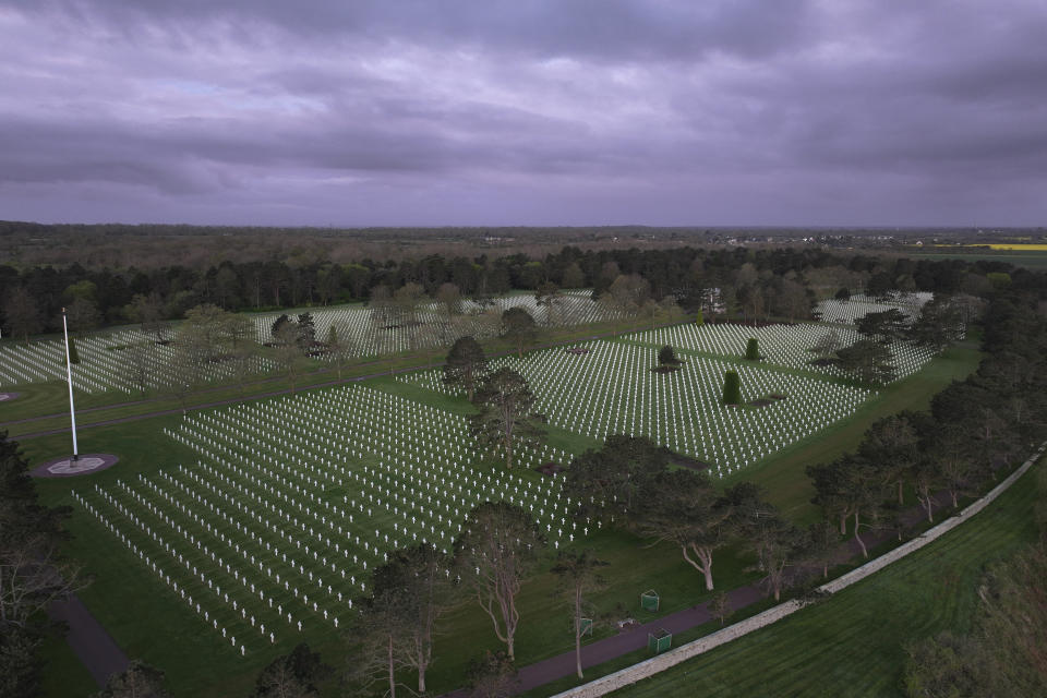 This photo taken on Wednesday April 10, 2024, shows crosses of the US cemetery of Colleville-sur-Mer, Normandy. On D-Day, Charles Shay was a 19-year-old Native American army medic who was ready to give his life — and actually saved many. Now 99, he's spreading a message of peace with tireless dedication as he's about to take part in the 80th celebrations of the landings in Normandy that led to the liberation of France and Europe from Nazi Germany occupation. (AP Photo/Thibault Camus)