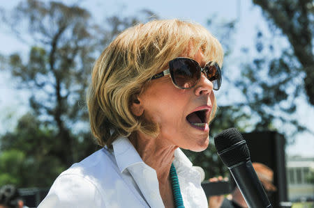 Actor and activist Jane Fonda speaks to the crowd during the People's Climate March protest for the environment in the Wilmington neighborhood in Los Angeles, California, U.S. April 29, 2017. REUTERS/Andrew Cullen