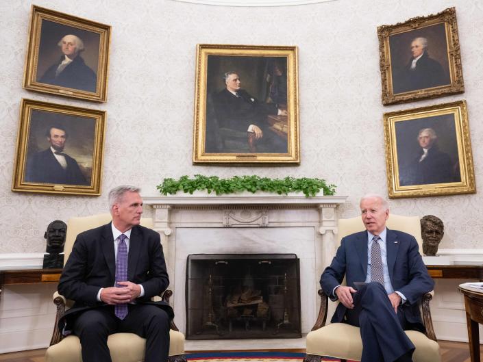 Kevin McCarthy with President Joe Biden at an Oval Office meeting on the debt ceiling on May 22.