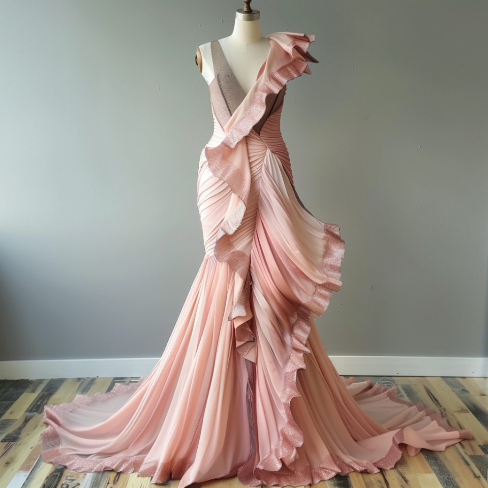 Elegant gown with ruffles and structured pleats on a mannequin, with a flared bottom