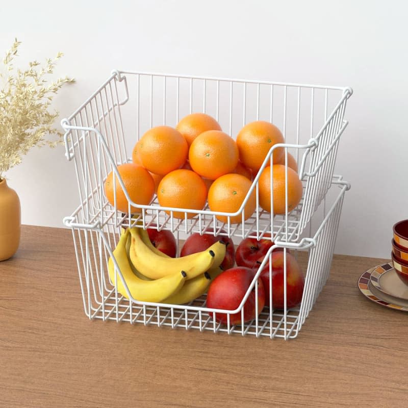 Slideep 14" Large Bin Stacking Baskets, Sturdy Metal Wire Storage, Organization with Handles, White, Set of 3