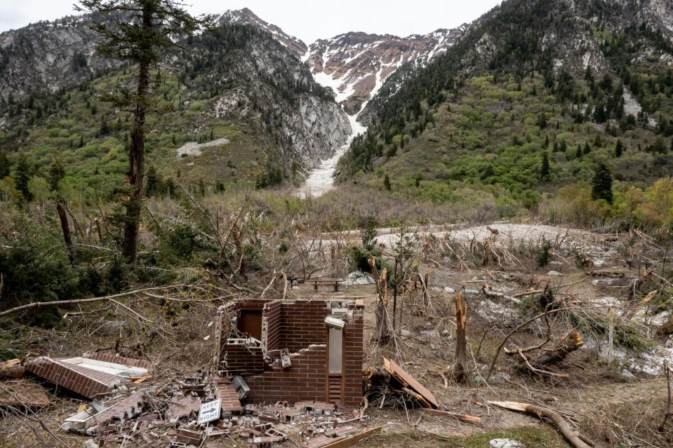 A building that was flattened by an avalanche at Tanners Flat Campground in Little Cottonwood Canyon in Salt Lake County is pictured on Thursday, June 1, 2023. | Spenser Heaps, Deseret News