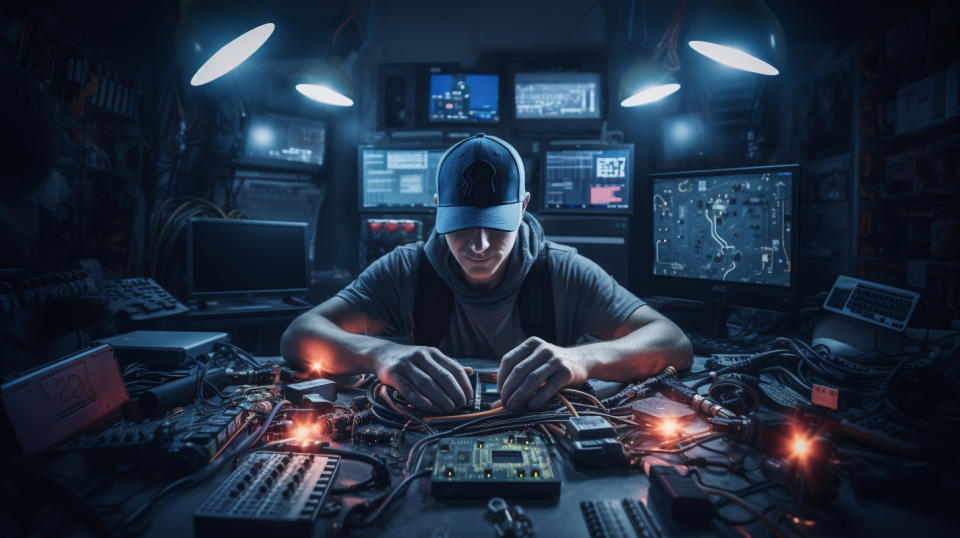 An engineer working in a tech lab, surrounded by tools and components.