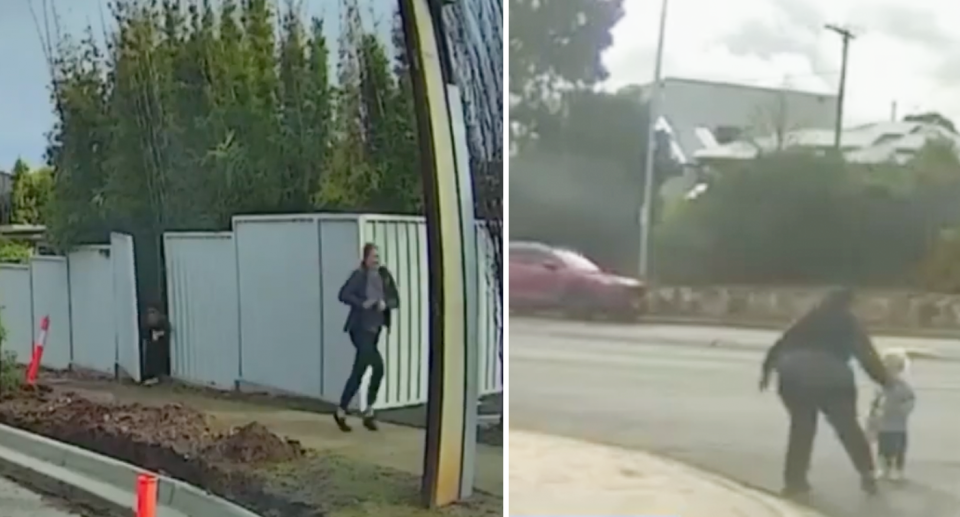 A carer running along the footpath as another squeezes out the damaged fence (left) and a carer pulls a child off the road (right). 