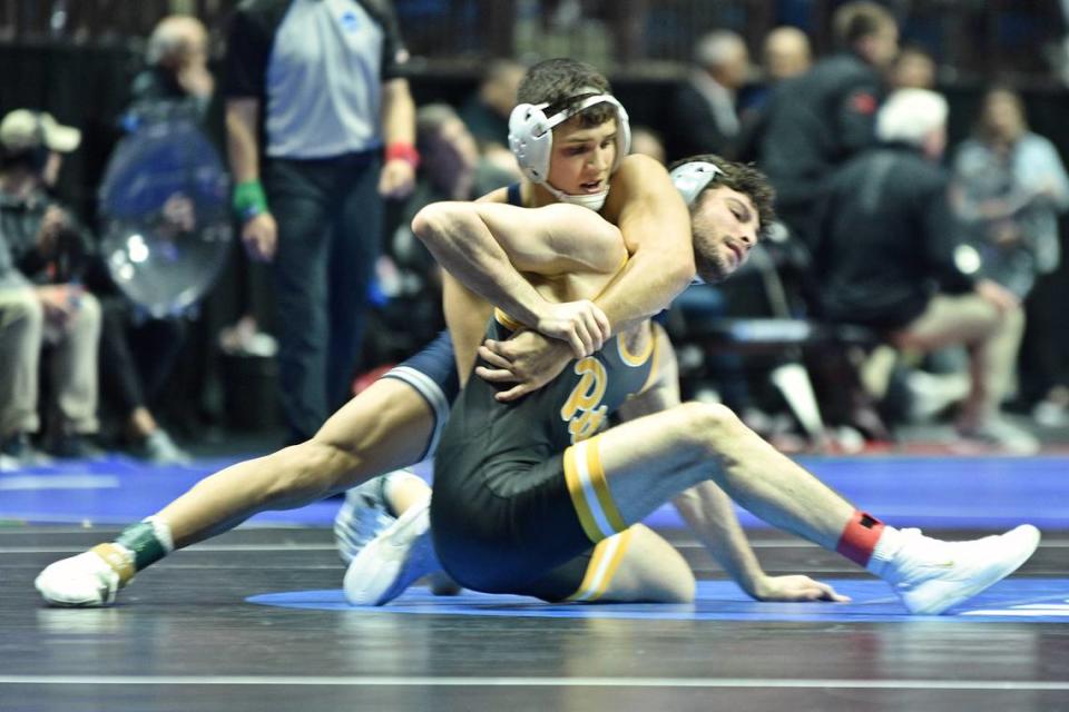 Penn State’s Alex Facundo controls Pittsburgh’s Holden Heller in their 165-pound first round match of the NCAA Championships on Thursday, March 16, 2023 at the BOK Center in Tulsa, Okla. Heller defeated Facundo, 5-3.