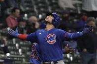 Chicago Cubs' Willson Contreras celebrates after hitting a two-run home run during the eighth inning of a baseball game against the Milwaukee Brewers Tuesday, April 13, 2021, in Milwaukee. (AP Photo/Morry Gash)