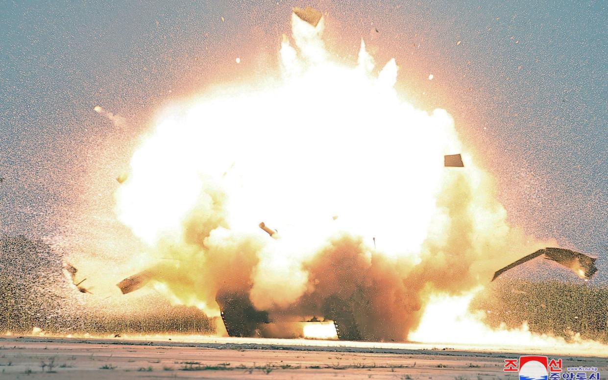 A target exploding during a performance test of a drone organised by the Drone Institute of the Academy of Defence Sciences