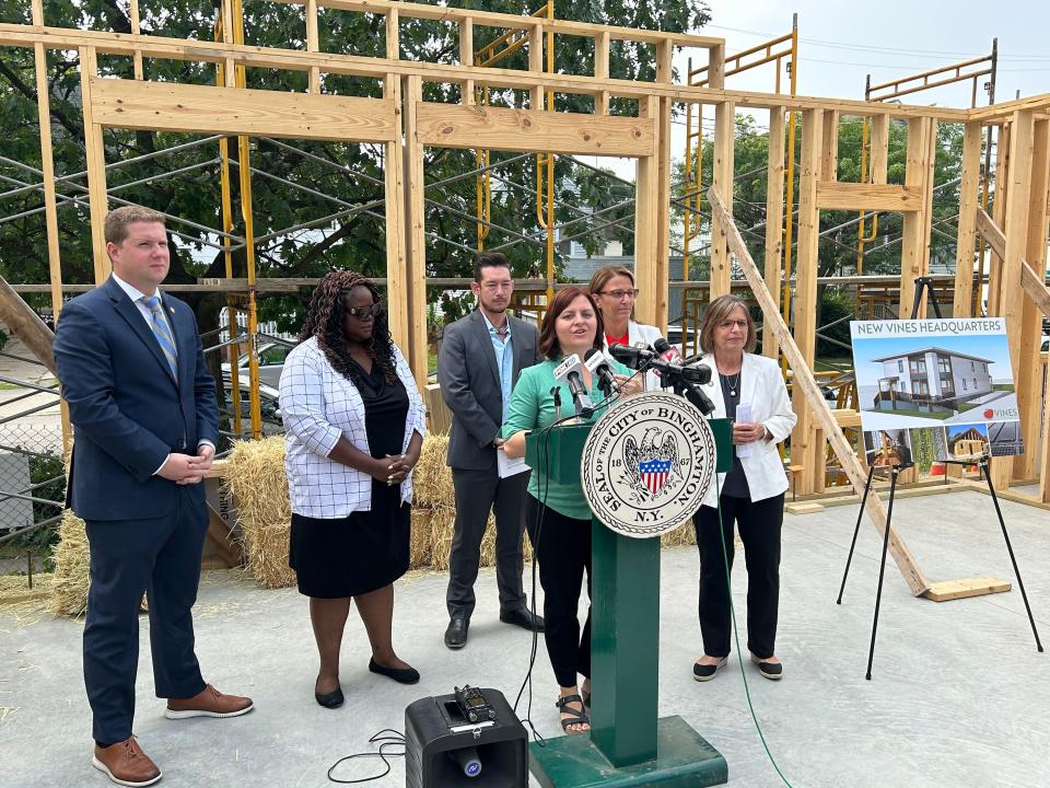 Amelia LoDolce, VINES Executive Director, speaks at a press conference Thursday announcing construction at 157 Susquehanna St. in Binghamton. When completed, the building will mark the first commercial straw bale building in the Northeast and Binghamton’s first net zero energy building.