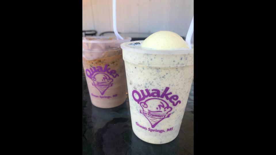 Cookie Crumble and Mississippi Mud Pie are two of the specialty quakes at Quakes Ice Creamery in Ocean Springs.
