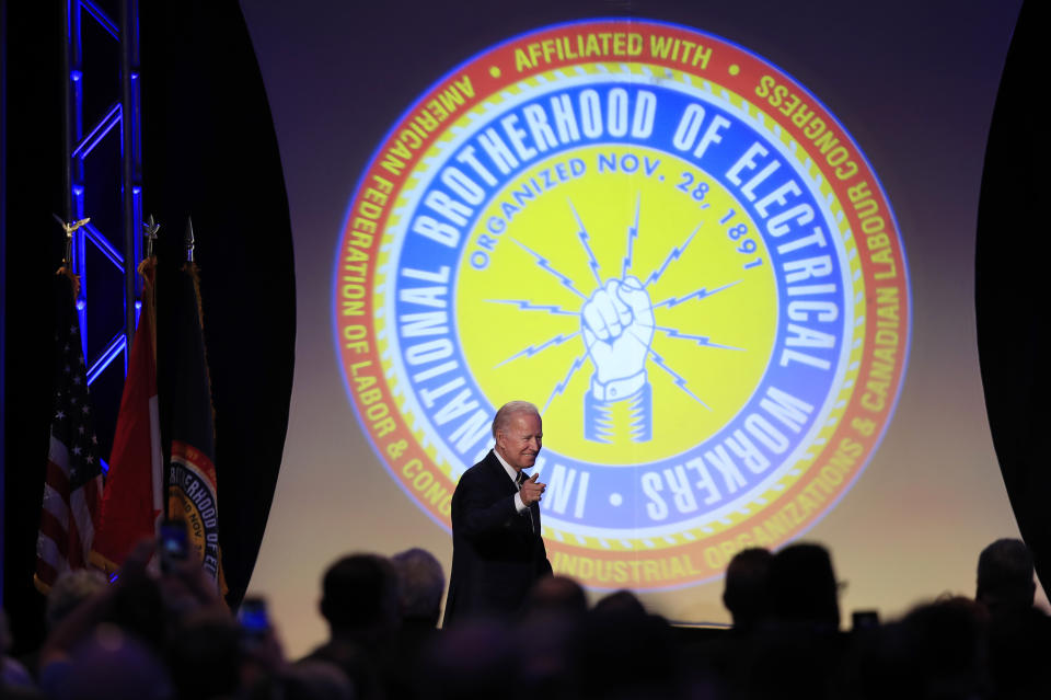 Former Vice President Joe Biden waves as he arrives to speak at the International Brotherhood of Electrical Workers construction and maintenance conference in Washington, Friday, April 5, 2019. (AP Photo/Manuel Balce Ceneta)