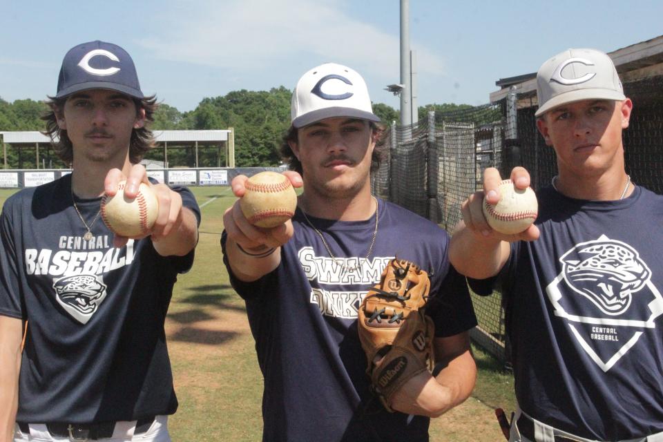 From left, Central baseball pitchers Gavin Schmidt, Dylen Houk and Justin Smarr have led the Jaguars to a 21-win season as they look for a chance at an at-large bid into the Region 1-1A tournament.