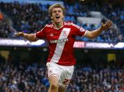 Middlesbrough's Patrick Bamford celebrates his goal against Manchester City during their English FA Cup 4th round soccer match at the Etihad Stadium in Manchester, northern England, January 24, 2015. REUTERS/Darren Staples (BRITAIN - Tags: SPORT SOCCER)