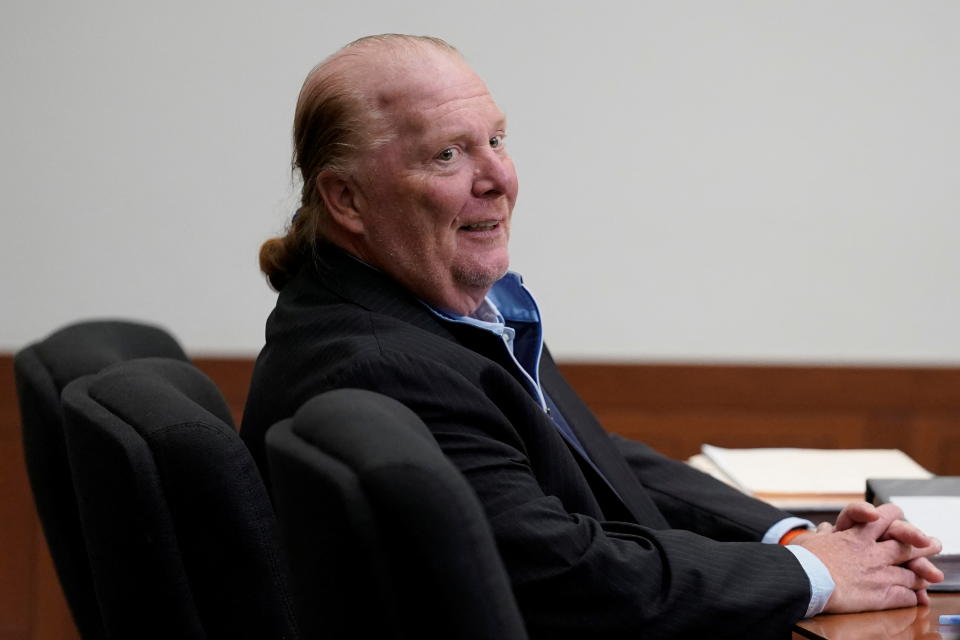 Celebrity chef Mario Batali is seated in court during the first day of his Boston trial on criminal charges of sexual misconduct