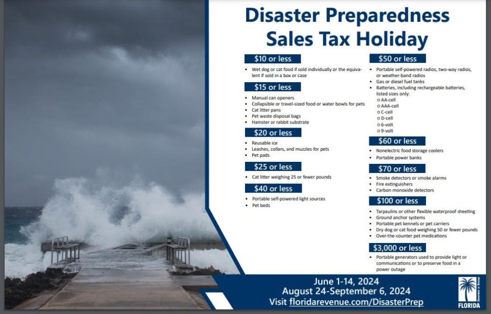 Florida's second disaster preparedness sales tax holiday will be Aug. 24 through Sept. 6, 2024.