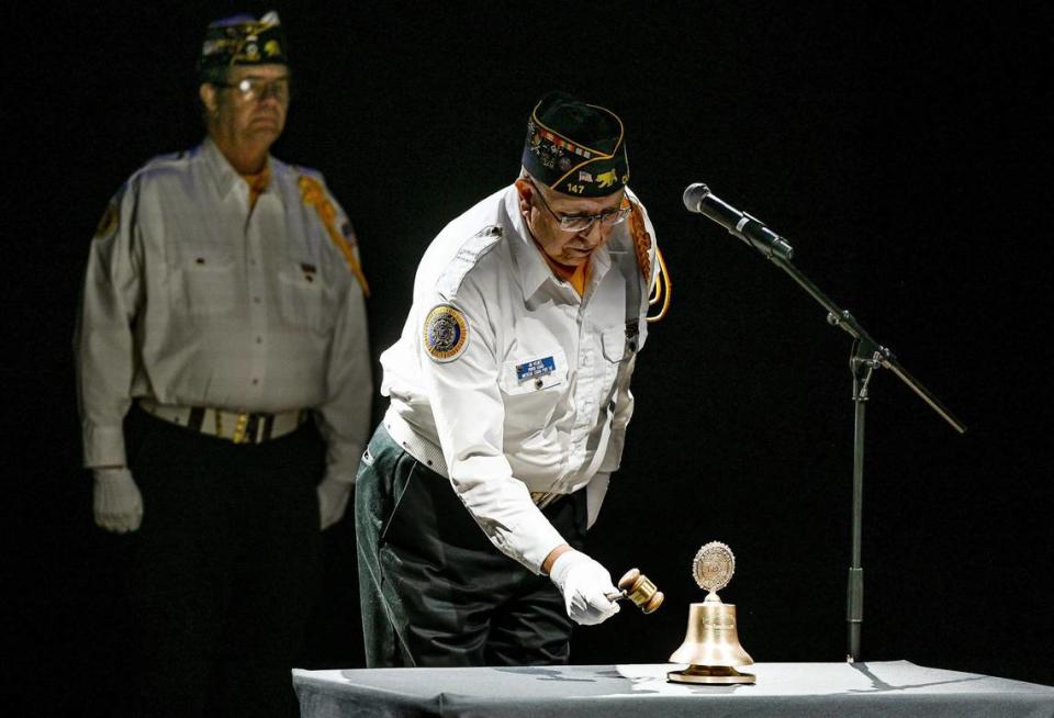 Honor guard member Jim Holmes of the American Legion Post 147 takes a turn ringing the bell for the victims of the attacks on Pearl Harbor on Dec. 7, 1941 during a Pearl Harbor Remembrance Day ceremony a the Clovis Veterans Memorial District on Wednesday, Dec. 7, 2022.