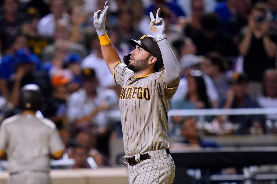 Eric Hosmer, then of the San Diego Padres, gestures as he runs the bases after hitting a two-run homer against the Mets on July 22 in New York.