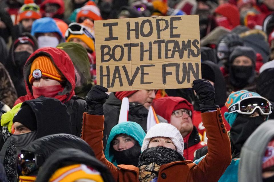 A fan shows support at a Jan. 13 AFC wild card game between the Kansas City Chiefs and Miami Dolphins at GEHA Field at Arrowhead Stadium.