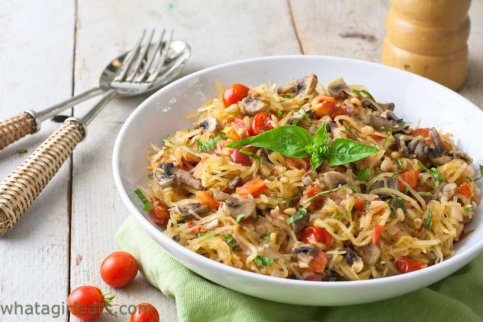 <p>What A Girl Eats</p><p>This spaghetti squash with tomatoes, mushrooms and basil is low carb, gluten free and Whole30 compliant.</p><p><strong>Get the recipe: <a href="https://whatagirleats.com/tomato-mushroom-spaghetti-squash-whole30/" rel="nofollow noopener" target="_blank" data-ylk="slk:Tomato Mushroom Spaghetti Squash;elm:context_link;itc:0;sec:content-canvas" class="link ">Tomato Mushroom Spaghetti Squash</a></strong></p>