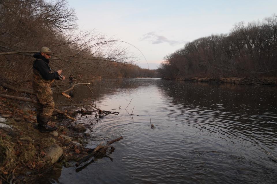 A.J. Graf of Waukesha reels in a brown trout while fishing on the Milwaukee River in Milwaukee.